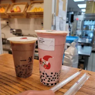 Strawberry/boba and Redbean tea