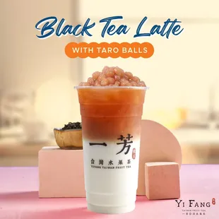 Black Tea Latte With Taro balls.