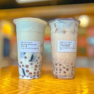 Grass Jelly Almond Latte w/ mini taro balls &amp; Fresh Taro latte w/ mini taro balls 7/2022