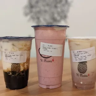 Brown sugar pearl latte, cheese creamer strawberry, fresh taro latte
