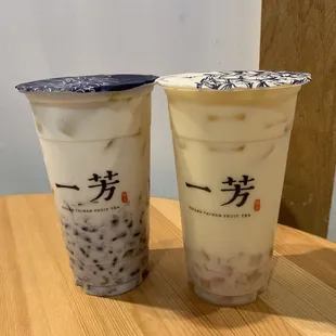 Red Bean Mochi Cake Latte (left) and Peach Green Tea Latte (right)