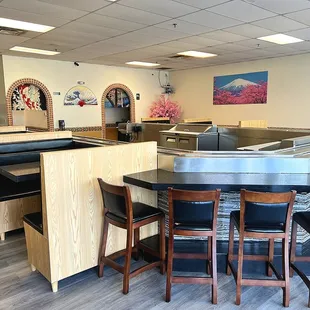 a view of a restaurant counter