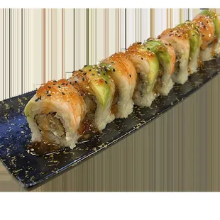 a close up of a long sushi