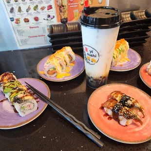 Sushi and bubble tea.