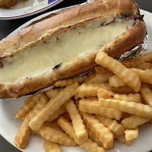 Cheese steak, fries, and calamari in the back!