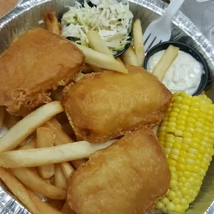 Fried Cod, Slaw, Corn on the Cob, Fries