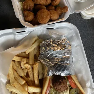 fried mushrooms + falafel gyro (add jalapeños!)