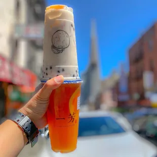 Fresh Taro latte w/ boba X Grapefruit Lemon Green Tea 5/2021