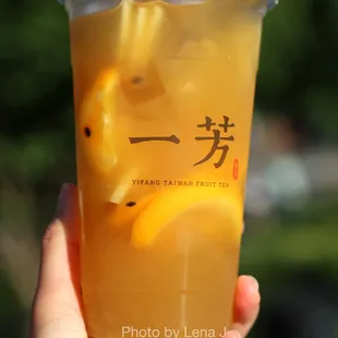 Yifang Fruit Tea 一芳水果茶 $5.75) - with Taiwanese pineapple jam, passion fruit jam, apple and orange slices, Mountain Tea. Great!