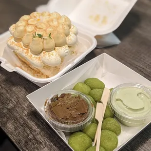 Matcha mochi balls + soy milk custard cake