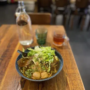 Beef Noodles Soup Hot, great noodles, tasty broth, beef shank and meatballs. Great for gray, rainy day.