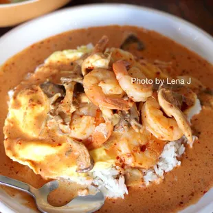 Tom Yum Omelet Rice ($19) - Eggs with Milk, Tom Yum Shrimp, Oyster Mushroom, Kaffir Lime Leaves. It&apos;s tasty but quite heavy; portion is big.