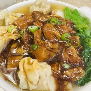 Beef stew wonton with rice noodles.