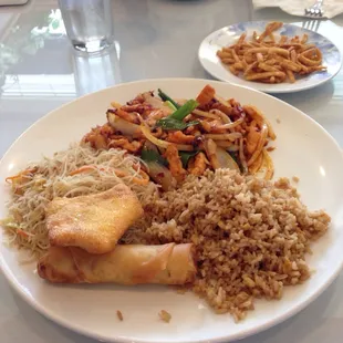 Mongolian Chicken with Fried Rice Spring Roll and Crag Ragoon