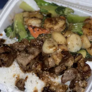 3 meat combo steak, scallops, shrimp