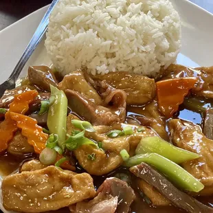 Deep fried tofu with bbq pork with rice lunch special $9.50