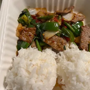 $14 for beef basil.  $2 for rice.
