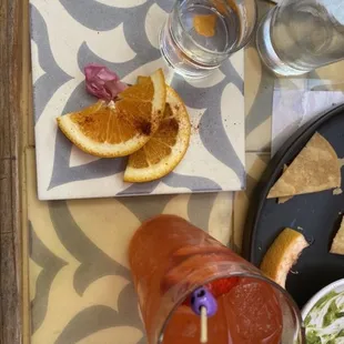 a plate of food and a drink