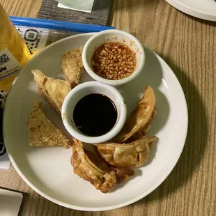 Fried tofu and potstickers