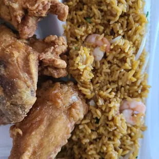 Chicken wings and shrimp fried rice