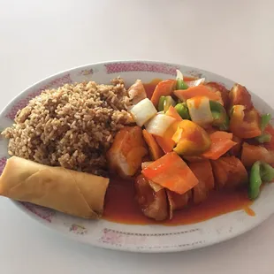 Sweet and sour chicken, with fried rice, and spring roll.