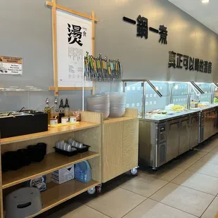 Line up with fresh ingredients. Sauces at the beginning end.