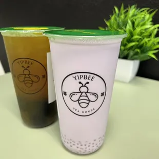 Green Tea with grass jelly and Taro Coco Sago