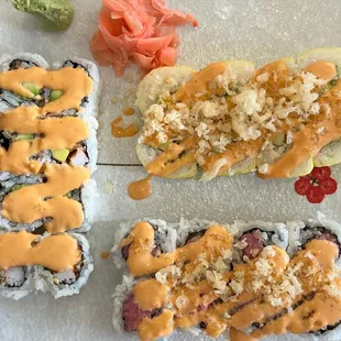 Crunchy spicy tuna roll cut into 8 Spicy crunchy California cut into 8 Soy bean roll cut into 8 (also the dessert roll)
