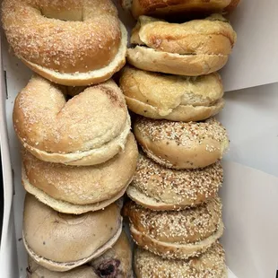 One dozen bagels, the Works, jalapeño cheddar, cheddar, blueberry, and cinnamon sugar.