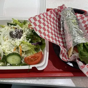 Greek salad, beef &amp; lamb gyro