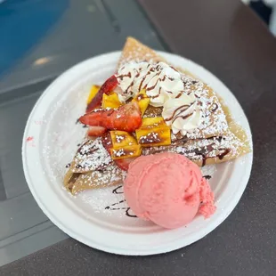 Strawberry, Mango, Nutella Crepe with Strawberry Ice Cream
