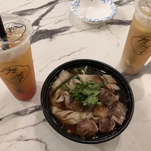 Hunan Beef Stewed Noodle Soup, Orange Passionfruit Tea (Left), Lychee Tea  (Right)