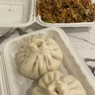 Veggie fried rice and pork buns