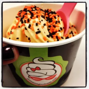 Delicious pumpkin froyo .. I wish they had graham crackers &amp; whipped cream to make it like pumpkin pie in a cup though!