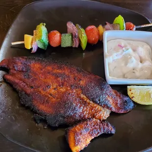 Blackened catfish skewered veggies. No need for tartar sauce