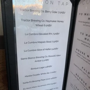 List of local beers on tap