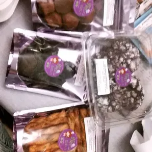 ube crinkle cookies, ranch pretzels, ube mochi poppers, chocolate mochi poppers