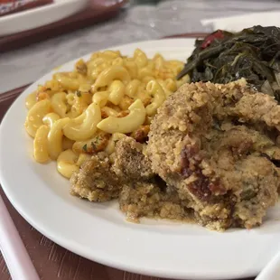 Green, Mac n cheese, and collard greens