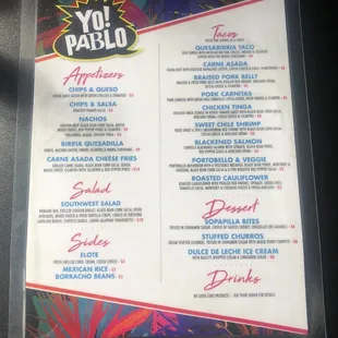 Yo Pablo Tacos/Tequila-Campus Corner:  Menu (7 Sep 2021)