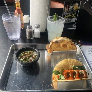 Yo Pablo Tacos/Tequila-Campus Corner:  Top: Quesabirria Taco &amp; Wet Sauce; Bottom: Blackened Salmon Taco (7 Sep 2021)