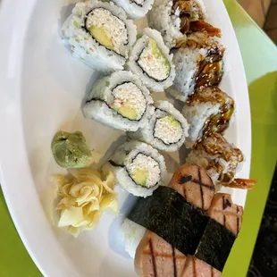 California roll, Shrimp Tempura Roll and Spam Mitsubi
