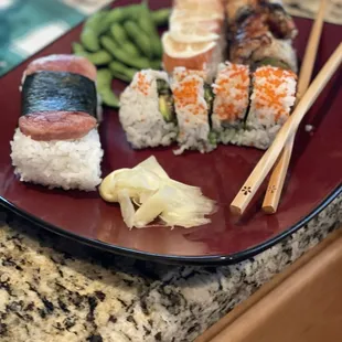 Spam thing, edamame and rolls