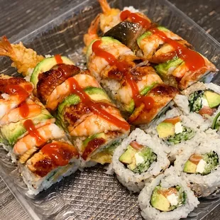 shrimp, shrimp, and avocado sushi