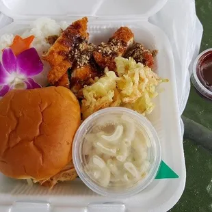 a meal in a styrofoam container