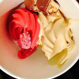 Pomegranate Sorbet, creme brûlée, a frosted animal cracker, and snicker pieces.