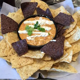Chips and green chili queso