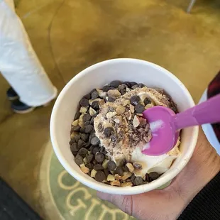 Vanilla custard with health, almonds and chocolate chips.