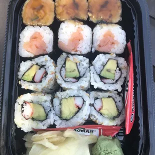 Large variety box of sushi. The smoked salmon rolls were great, the rest was just okay. Perfect sushi rice.
