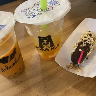 Thai tea + honey boba Passion fruit green tea + rainbow jelly  Peanut crusted chocolate dipped banana