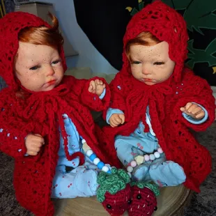 A perfect set of babes in strawberries! Reborn twins with new wigs, eyes, makeup, and handmade clothes &amp; accessories.